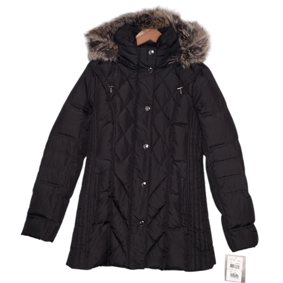 NWT London Fog Women's Black Quilted Coat Faux Fur Hood Fall Winter Jacket Sz M - Picture 1 of 16
